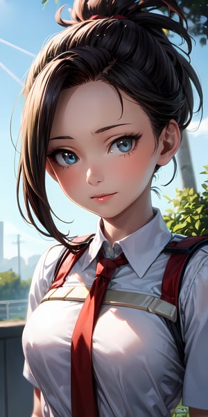 1girl, realistic, 4k, beautiful face,Full Clothes, bright face, high_resolution_face , ((cute face quality)), ((School clothes full)), ((Beautiful eyes)), ((4K Eyes)), show face quality,((torso trunk)),Momo Yaoyorozu | My Hero Academia