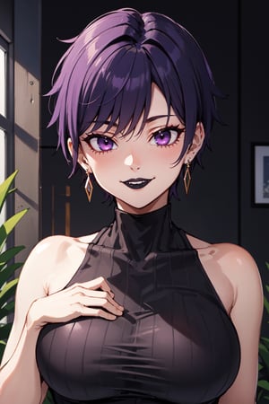 High-quality, masterpiece, high detailed eyes, smile smirk, 1girl, solo, mature female, breasts, large breasts, purple hair, bare shoulders, jewelry, earrings, window, turtleneck, very short hair, (haircut boy hair:1.2), makeup goth, sleeveless turtleneck, goth girl, black lipstick,Tomboy, purple eyes ,