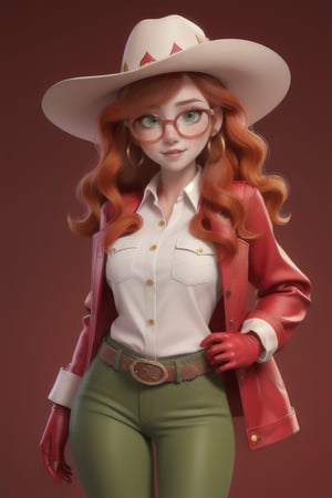 Beautiful white slim young woman with red-clair wavy hair and 
freckles around her nose and cheeks with green olive eyes dressing a fancy western clothes with red pants, red gloves, red boots with a bit of heels and western  red hat with a white rolled up shirt with red jacket with glasses 