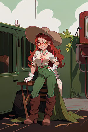 Beautiful white slim young woman with red but clair wavy hair and 
freckles around her nose and cheeks with gree olive eyes dressing a fancy western clothes with green pants brown boots  gloves and western hat and white rolled up shirt with glasses with a little smile 