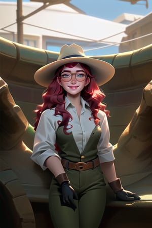 Beautiful white slim young woman with red clair wavy hair and 
freckles around her nose and cheeks with gree olive eyes dressing a fancy western clothes with green pants brown boots  gloves and western hat and white rolled up shirt with glasses with a little smile 