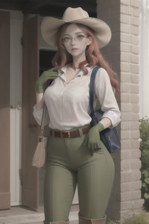 Beautiful white slim young woman with red-clair wavy hair and 
freckles around her nose and cheeks with green olive eyes dressing a fancy western clothes with  brown boots, green olive hat, green olive pants, green olive gloves and a white rolled up shirt with a little brown handkerchief around her neck wearing glasses and having old western bag hanging from her shoulder and little bags on her belt 