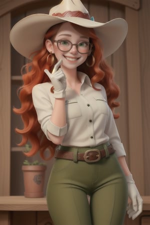 Beautiful white slim young woman with red but clair wavy hair and 
freckles around her nose and cheeks with gree olive eyes dressing a fancy western clothes with green pants brown boots  gloves and western hat and white rolled up shirt with glasses with a little smile 