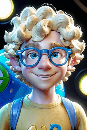 Teenage boy, blonde hairs, curly hairs, wearing glasses, pixar character, 3d character, high quality, clear face, dime light,