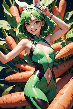 vegetable, competition, Cute, carrot, monster, character, race,vivid colour, Energetic, Sparkling eyes, green color, Cheerful smile,skills_pose