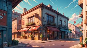 small cafe, medieval era,viewer looking outside the glass, detail interior,beautiful street, detail perspective, 2 point perspective, sunny evening time, local shops, Makoto Shinkai anime style,ghibli style,