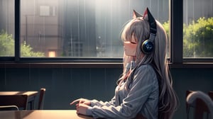 a cute girl,with headphone, study room, long hair, sitting, table lamp, window,rainy season, rain outside window, cat sleep