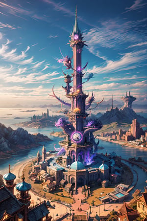 small city, adventure guild, from above view, fantasy world, dragon in the air, 3d render, magic tower, day light, sunshine, day, small shops, magical beasts, few people in the streets, vally, backgound detail