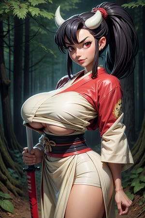 1girl,ogre, oni_horns, oni, red skin, monster skin, full body, forest background, huge breasts, white kimono, crop shirt underboob, katana, happy,red eyes, black hair, pony tail, upper body,ghibli style, perfect hand, beautiful face, ecchi style,