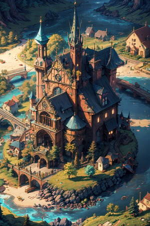 small town, from above view, fantasy world, anime style, river, forest, medieval town, small shops, near shops, backgound detail, perspective, detail architecture