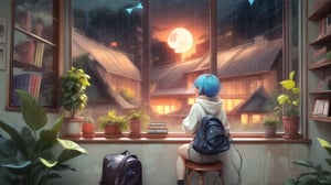 a cute girl, sit with headphone, study room, lofi,bookshelf, bag, blue hair,detail eyes, anime, hood, hoodie, lofi style, long sleeves, moon, plant, potted plant, scenery, shelf, shooting star, short hair, sitting, sky, solo,sunset, window,rainy season, rain outside window,(hlfcol haired girl with color1 and col), detail hair, detail face,