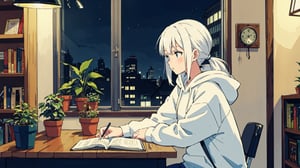 a cute girl, sit with headphone, study room, lofi,bookshelf, bag, white hair, anime, hood, hoodie, lofi style, long sleeves, plant, potted plant, scenery, shelf, night time, long hair, pony tail,sitting, solo, with cat,  window