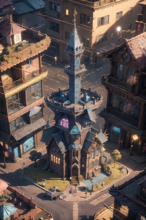 small city, city of dragons, from above view, fantasy world, 3d render, magic tower, day light, sunshine, day, small shops, magical beasts, few people in the streets, vally, backgound detail