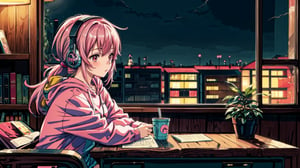 a cute girl, sit with headphone, study room, lofi,bookshelf, bag, pink hair, anime, hood, red hoodie, lofi style, long sleeves, plant, potted plant, scenery, shelf, night time, long hair, pony tail,sitting, solo, with cat,  window