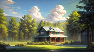 masterpiece, best quality, masterpiece, best quality,with a single house, beautiful house, trees, forest, Cloud,Sky,Green,Natural landscape, day time, heavenly cloudy,
