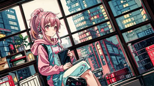 a cute girl, sit with headphone, study room, lofi,bookshelf, bag, pink hair, anime, hood, red hoodie, lofi style, long sleeves, plant, potted plant, scenery, shelf, night time, long hair, pony tail,sitting, solo, with cat,  window, wide angle view