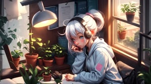 a cute girl, sit with headphone, study room, lofi,bookshelf, bag, white hair, anime, hood, blue hoodie, lofi style, long sleeves, plant, potted plant, scenery, lamp, shelf, night time, long hair, pony tail,sitting, solo, with cat,  window, wide angle view