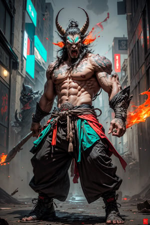Oni, Monster, Ogre, blend, medium shot, bokeh, (hdr:1.4), high contrast, (cinematic, teal and orange:0.85),Best quality:1.2),(masterpiece:1.3), (absurdres:1.0), (hyper-detailed:1.2), giants, one horn on the head, muscular, perfectly shaped body, multicolored fire hair, skull face, growing red eyes, angry, open mouth, fullbody, strong aura, skulls,hands, 