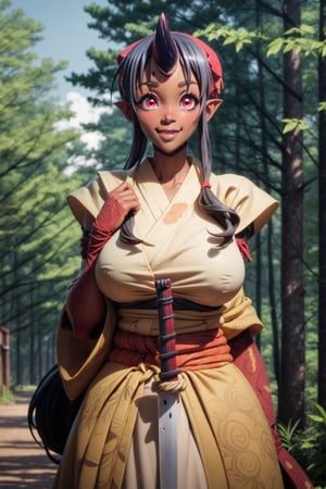 1girl,orge, oni_horns, oni, red skin, monster skin, full body, forest background, huge breasts, white kimono, crop shirt underboob, katana, happy,red eyes, black hair, pony tail, upper body,ghibli style, perfect hand, beautiful face, ecchi style,tionishia