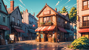 small cafe, medieval era,viewer looking outside the glass, detail interior,beautiful street, detail perspective, 2 point perspective, sunny evening time, local shops, Makoto Shinkai anime style,ghibli style, shop sign board 