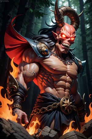 (Best quality:1.2),(masterpiece:1.3), (absurdres:1.0), (hyper-detailed:1.2), giants, one horn on the head, muscular, perfectly shaped body, multicolored fire hair, skull face, growing red eyes, angry, open mouth, chains adorn the wrists, wearing barbarian outfits, in a forest at night, magic circle of star-shaped fire, with orange and blue colors emphasized