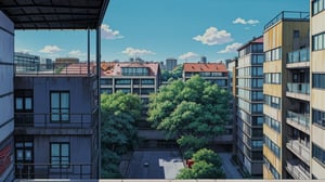 a modern appartment,2 floor,oustide, ground level veiw, from anime, 1990s building, with staircase to up, road, trees