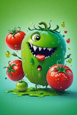 master piece, Cute, tomato, monster, cute character, vivid colour, Energetic, Sparkling eyes, green color, Cheerful smile