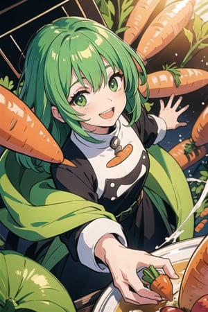 vegetable, competition, Cute, carrot, monster, character, race,vivid colour, Energetic, Sparkling eyes, green color, Cheerful smile,day,inside CREATURE