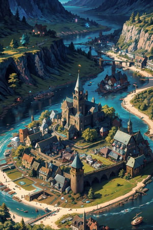 small town, from above view, fantasy world, anime style, river, forest, medieval town, small shops, near shops, backgound detail