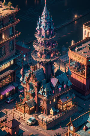 small city, city of dragons, from above view, fantasy world, 3d render, magic tower, day light, sunshine, day, small shops, magical beasts, few people in the streets, vally, backgound detail