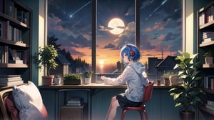 a cute girl, sit with headphone, study room, lofi,bookshelf, bag, blue hair,detail eyes, anime, hood, hoodie, lofi style, long sleeves, moon, plant, potted plant, scenery, shelf, shooting star, short hair, sitting, sky, solo,sunset, window,rainy season, rain outside window