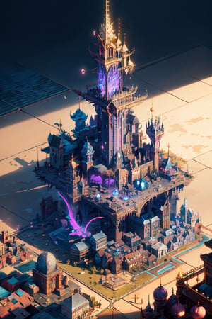 small city, city of dragons, from above view, fantasy world, 3d render, magic tower, day light, sunshine, day, small shops, magical beasts, few people in the streets, vally, backgound detail