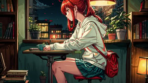 a cute girl, sit with headphone, study room, lofi,bookshelf, bag, red hair, anime, hood, hoodie, lofi style, long sleeves, plant, potted plant, scenery, lamp, shelf, night time, long hair, pony tail,sitting, solo, with cat,  window,