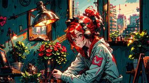 a cute girl, sit with headphone, study room, lofi,bookshelf, bag, red hair, anime, hood, hoodie, lofi style, long sleeves, plant, potted plant, scenery, lamp, shelf, night time, long hair, pony tail,sitting, solo, with cat,  window, wide angle view,anime