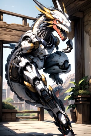  ((masterpiece)), (detailed),mecha, dinosaur, run, out from the gate, full body, front view, robot arms,black yellow armor, white dragon, depth of field, extremely detailed eyes and face, beautiful detailed eyes,(black gold, trimmed gear:1.2), zoo interior, solo, ((best quality)),