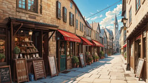 masterpiece, best quality,small cafe, medieval era, outside view, beautiful street, detail perspective, 2 point perspective, day time, local shops, street view,