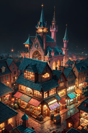 small town, from above view, fantasy world, anime style, medieval town, small shops, near shops, backgound detail