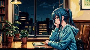 a cute girl, sit with headphone, study room, lofi,bookshelf, bag, blue hair, anime, hood, hoodie, lofi style, long sleeves, plant, potted plant, scenery, shelf, night time, long hair, pony tail,sitting, solo, with cat,  window