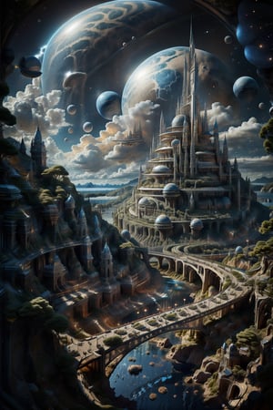 an open world,detailed, Magic Tower, outer space , huge 17th century sailboat, planets, World, Light, explorer, hyperrealistic, mecha space ship as  guards,mecha,BJ_City_of_Wisdom, side angle