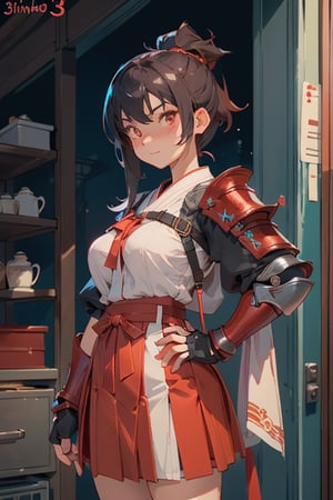 (standing pose), (face of a 26 year old girl, body of a 30 year old girl), big breast, crimson red eyes, female samurai, armor, skirt, Makoto Shinkai style, area lighting, detail hand, detail fingure,