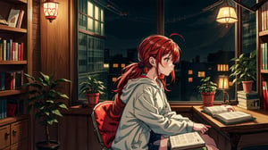 a cute girl, sit with headphone, study room, lofi,bookshelf, bag, red hair, anime, hood, hoodie, lofi style, long sleeves, plant, potted plant, scenery, lamp, shelf, night time, long hair, pony tail,sitting, solo, window