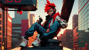 a cute guy walking down the street with headphone,arcane style, lofi, backpack, bag, blue pants, book, bookshelf, red hair, hood, hood down, hoodie, lofi style, long sleeves, moon, pants, planet, plant, potted plant, scenery, shelf, shooting star, short hair, sitting, sky, solo,sunset, television, window,Mechanical part,mecha,winterhanfu,perfecteyes,anime