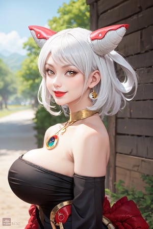 ((Big breasts)), 1girl, solo, smile, short hair, large breasts, bare shoulders, brown eyes, jewelry, upper body, white hair, outdoors, artist name, necklace, lips, clothing cutout, red lips, shoulder cutout, yin yang, horn