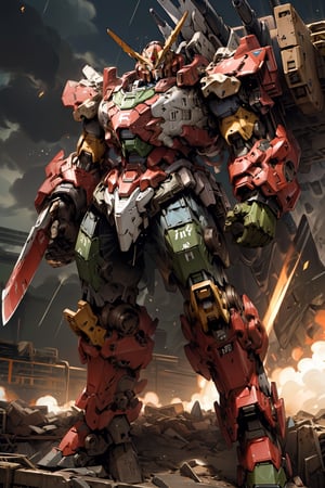 (masterpiece:1.4, best quality), (intricate details), unity 8k wallpaper, ultra detailed, intricate details, super complex details, full body photo, head to toe photo, gundam mecha, (a ultra gigantic hulkbuster unit for a gundam, the gundam unit can be visible from the opened hatch on the hulkbuster armor, (the gundam unit has slim and slender apperance, blue and white), (the gigantic hulkbuster armor has broad torso and shoulder, black armor, white eyes, menacing, clean and shiny appearance, holding a gigantic weapon, thick armor resembling hulkbuster and hell boy), burning sky, raining fire, skyline, simple_background, mechanical buddy universe, mechani,gundam\(rx78\),3DMM,Mecha all,mecha \\\(flegs\\\), gundam
