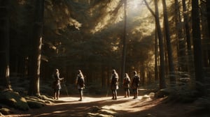 small group of adventurers exploring a forest, artistry illustration, (masterpiece), best quality, highres, 4k, 8k, Detailed Illustration, intricate detail, cinematic lighting, amazing quality, 1girl, fit female, amazing shading, soft lighting, facing camera, perfect eyes,FFIXBG