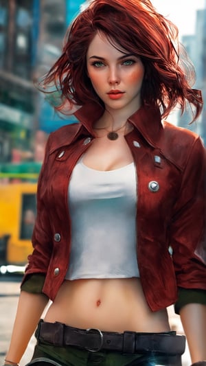 cyberpunk, (absurdres), masterpiece, best quality, sharp focus, soft lighting, (full shot), (realistic), (cowboy shot), (beautiful) (petite:1.21) (medium breasts:0.96), stunningly attractive (tomboy) girl, (playful:1.2), (aroused:1.3), nature backdrop, ( red very short wavy hair:1.21), (amazing feminine face:1.21), (detailed freckles:0.96), (beautiful realistic green eyes:1.21), (small nose:1.11), (narrow waist:1.31), (wide hips:1.11), (thick thighs:1.01), (long legs), (excellent hands fingers thumbs:1.16), (Yoji Shinkawa:1.01), (Raymond Leech:1.11), (Range Murata:1.11), (Alena Aenami:1.01), (Pascal Campion:1.16), (Rebecca Guay:1.11), (Sparth:1.01), (r/eyes:1.21), (confident expression:1.21), (nose blush:0.81), (cleavage:0.81) (elegant) (intricate) (cute:1.01) tight t-shirt, exposed midriff, (shorts:1.21), (pixie cut:1.21)
