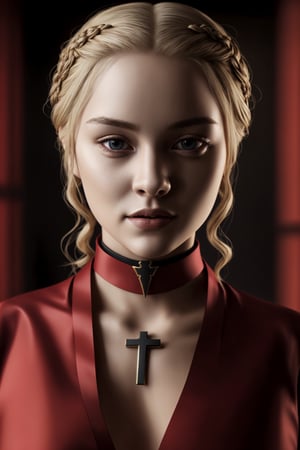 young red woman, red priest, in red temple, game of thrones, masterpiece, best quality (detailed face, detailed skin texture, ultra detailed body), (cinematic light: 1.1), very detailed, 1girl,