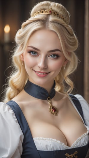 medieval, dlsr photo,8k, 1 busty cute 20 yo maid, smirk, light sparkling eyes, porcelain oiled skin, choker, long blond hair, bun hair,detailmaster2