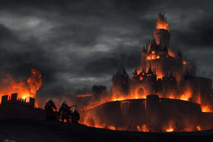 a big castle in a siege, cinematic shot, sorrounded by army, fire everywhere, medieval castle, medieval targaryen army, a big city in the background, gloomy sky