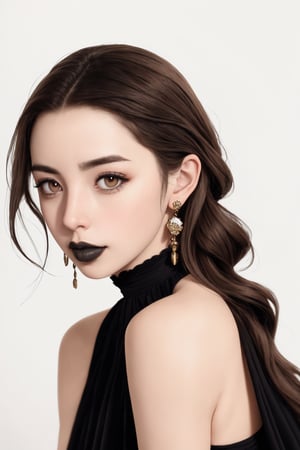 woman, adelaideKane, long brown hair, brown eyes, button nose, (black lipstick), full face makeup, cream colored full halter dress portrait, (high detailed skin:1.2), mid-twenty, white background, (medium shot:1.4),